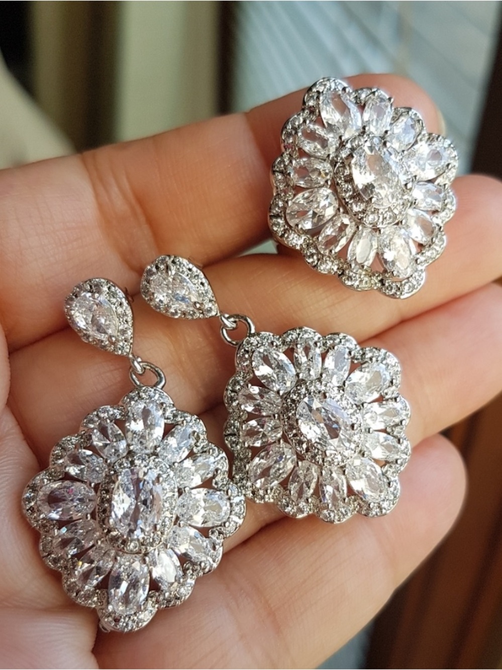 Swarovski Elements 925 Sterling Silver Flower Halo Statement Earrings NEW - Picture 10 of 16